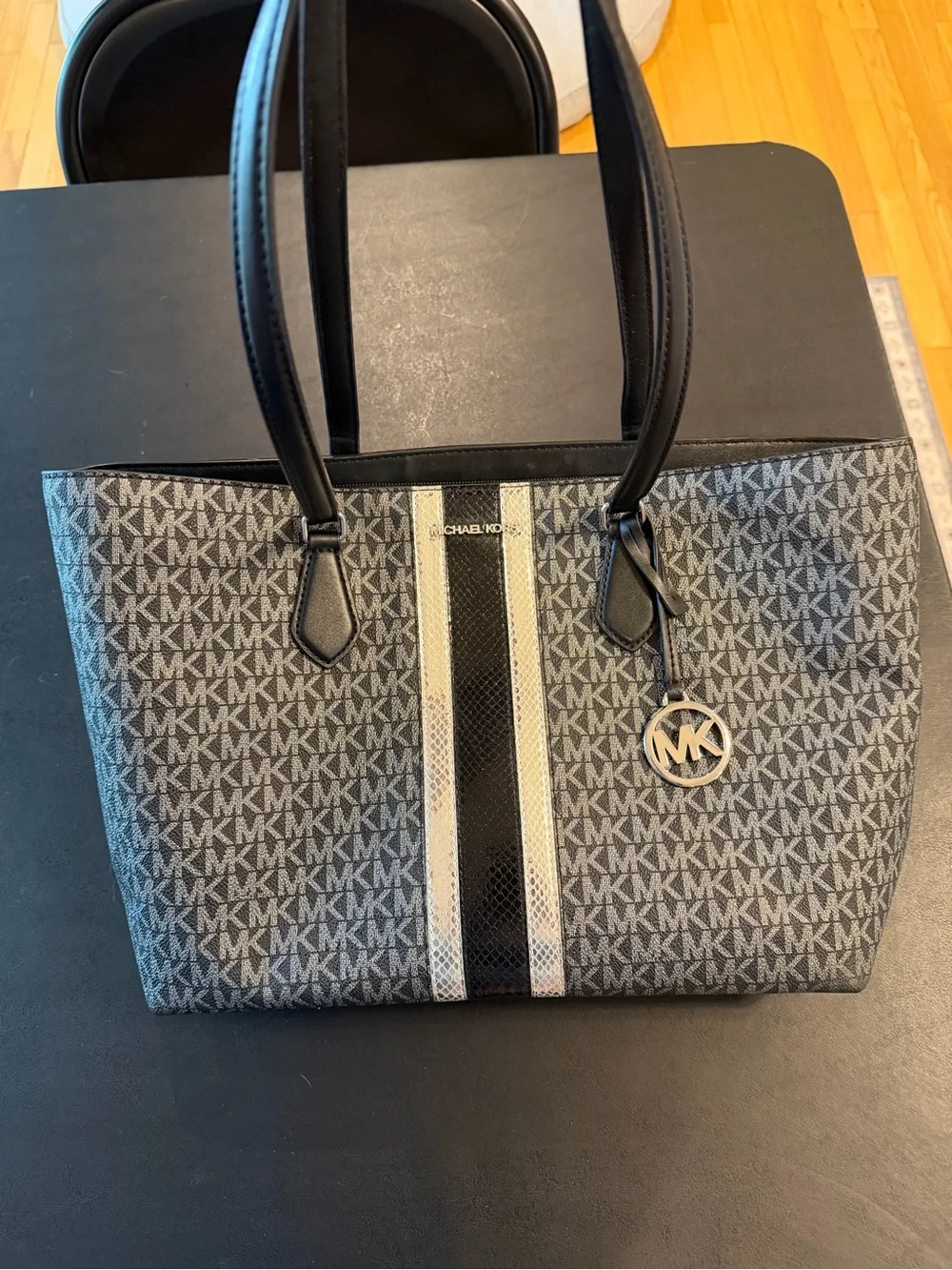 Michael Kors Black and Silver Signature Tote with Center Stripe